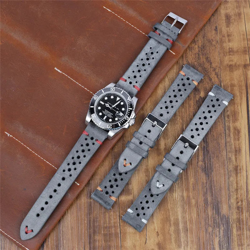 Handmade retro genuine leather watch band in brown with contrast stitching, size 22mm