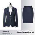 Men's and women's polyester work suit with long-sleeve jacket and trousers or skirt in black colour option
