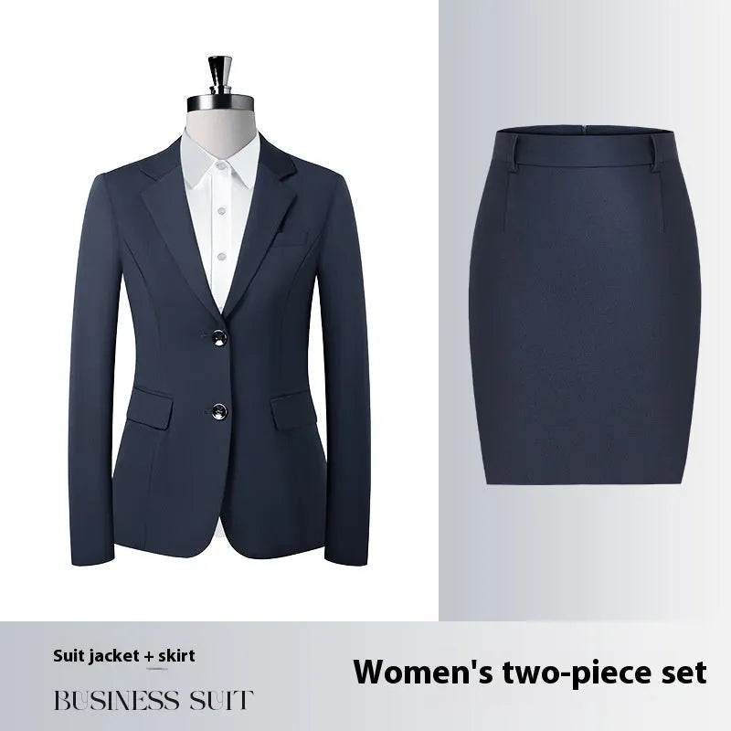 Men's and women's polyester work suit with long-sleeve jacket and trousers or skirt in black colour option
