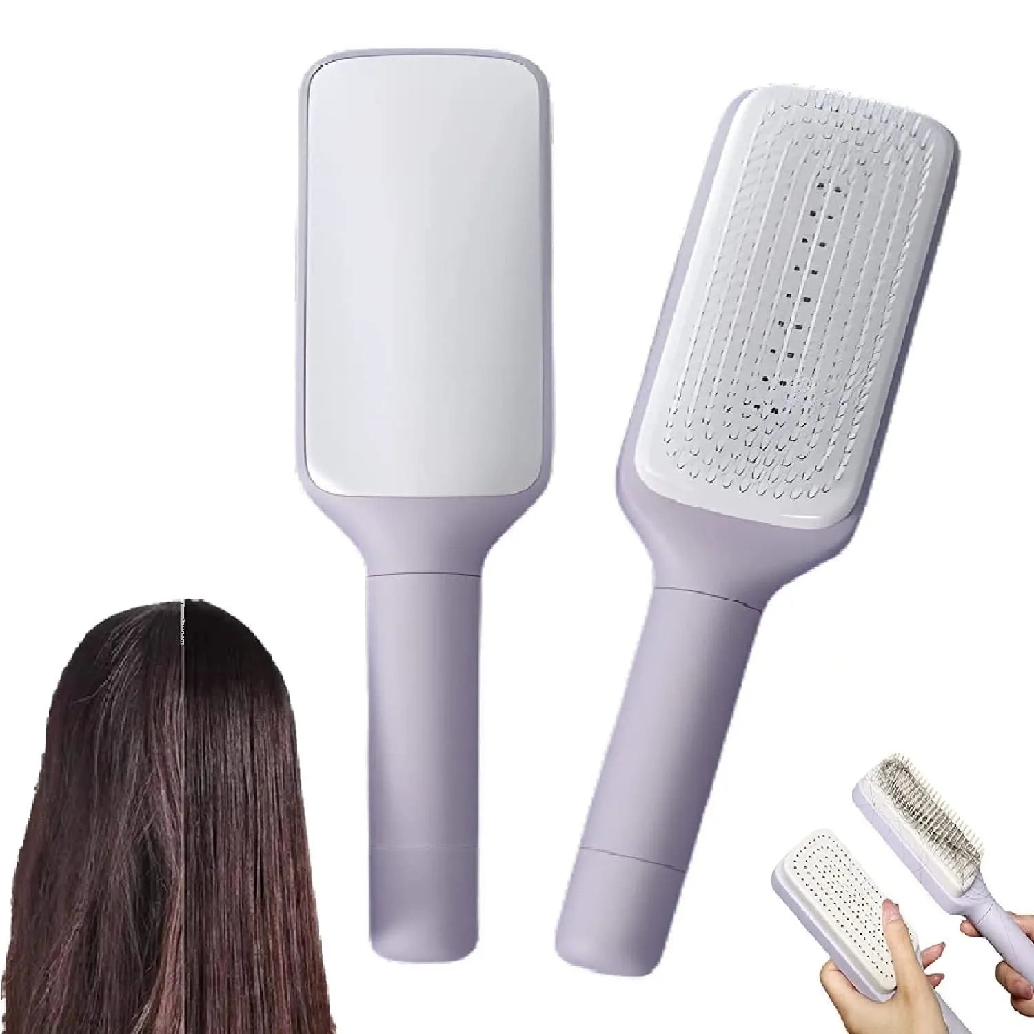 Purple and grey self-cleaning hair brush with rotate handle mechanism for anti-static massage combing