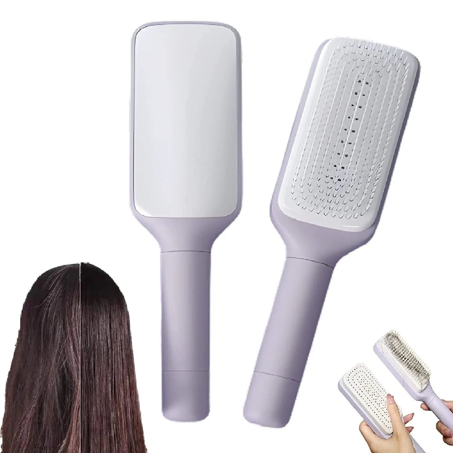 4 in 1 self-cleaning hair brush with anti-static massage comb in Roland Purple and Lunar Rock Gray