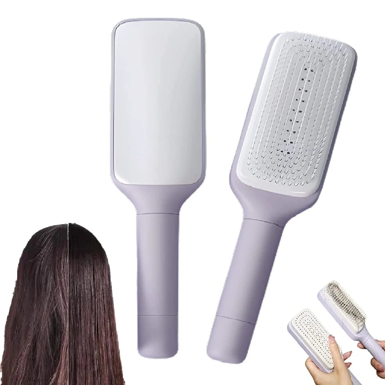 4 in 1 self-cleaning hair brush with anti-static massage comb in Roland Purple and Lunar Rock Gray