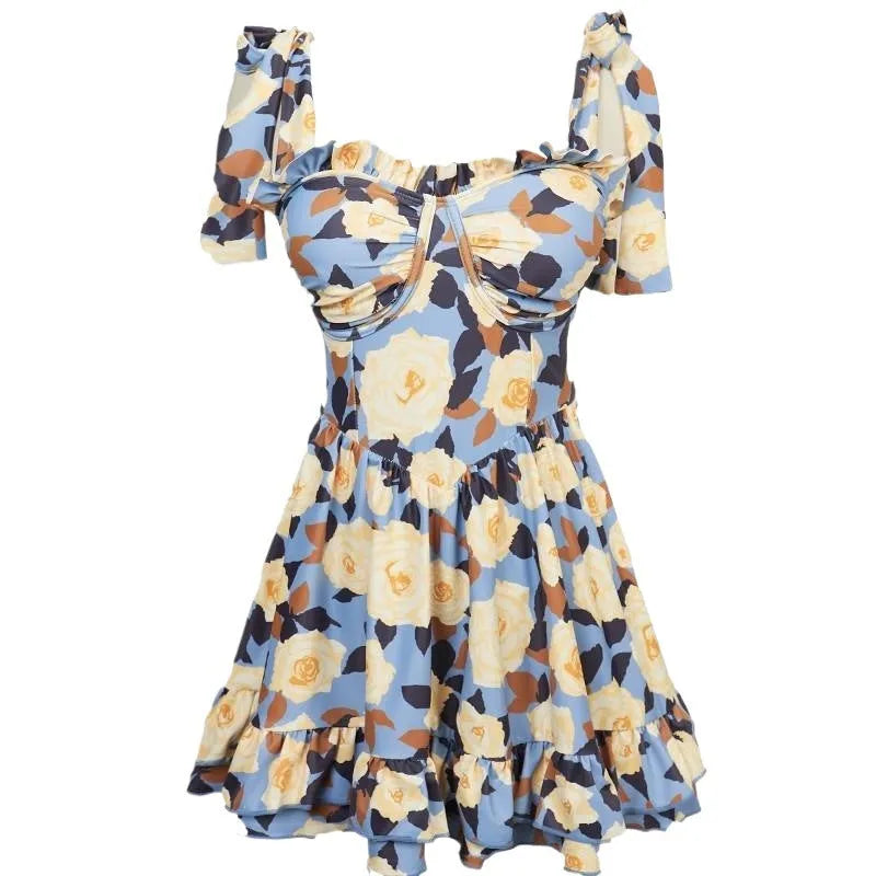 Women's high-waist one-piece swimsuit in oil blue solid colour, polyester with tummy coverage