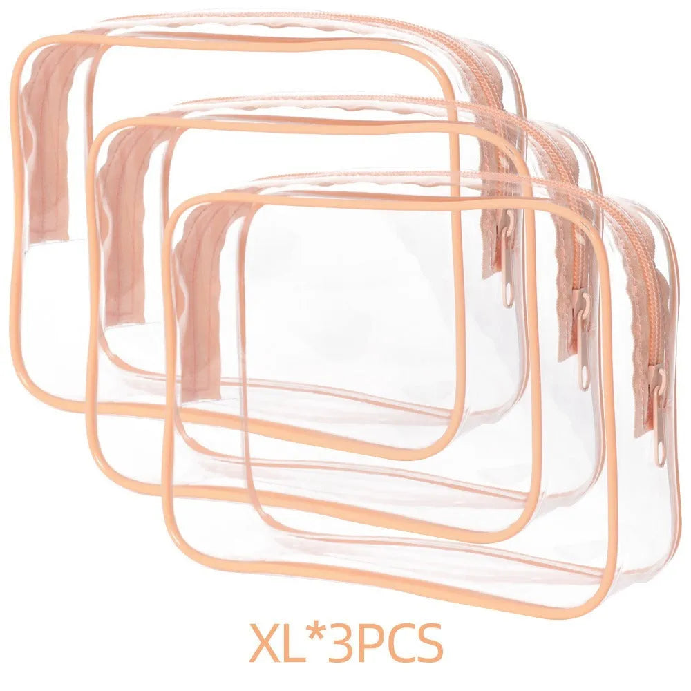 Set of three semi-transparent PVC makeup bags in black, pink, and white colours for Labubu and cosmetic storage