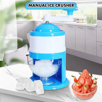 Portable manual ice crusher with stainless steel blade in blue and white