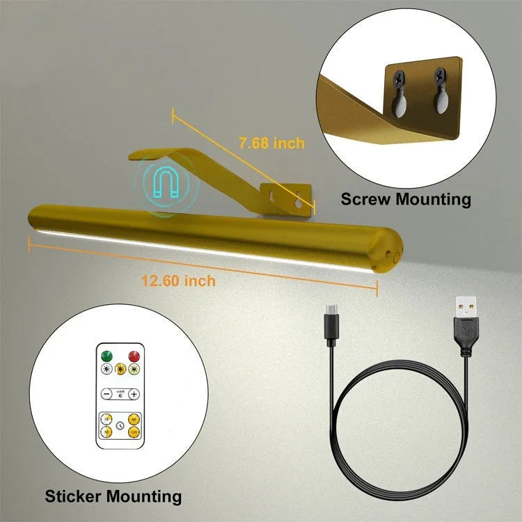 Rechargeable oval LED oil painting lamp in gold finish, 425mm long, with magnetic mount and remote control