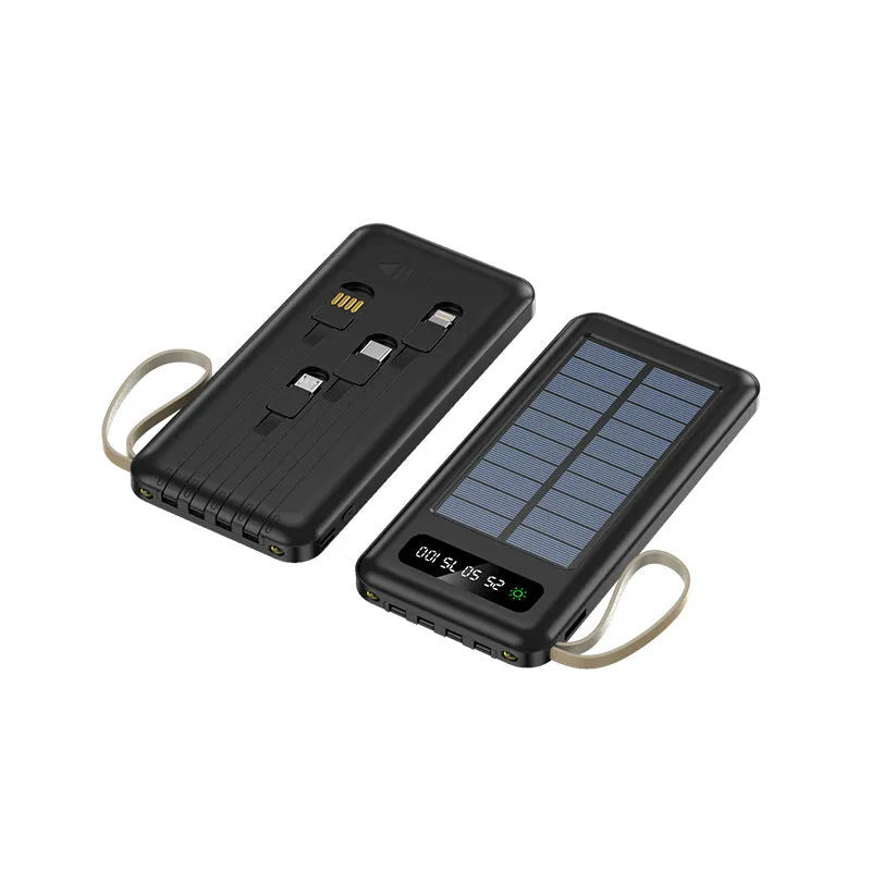 Cool black solar power bank showing its solar panel and output ports on a compact rectangular body.