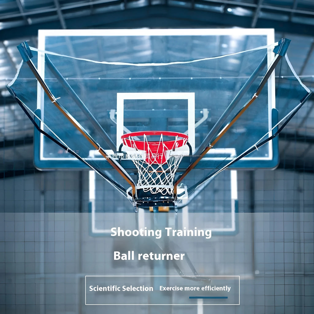 Basketball automatic ball return training machine hanging from basketball hoop