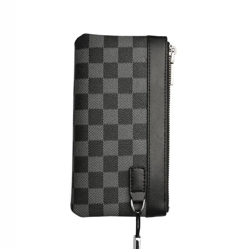 Black men's cowhide leather clutch wallet showing front view and open interior with polyester lining