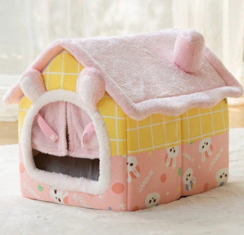 Cozy Pet Cave: Foldable plush dog house with warm removable cushion in various color options