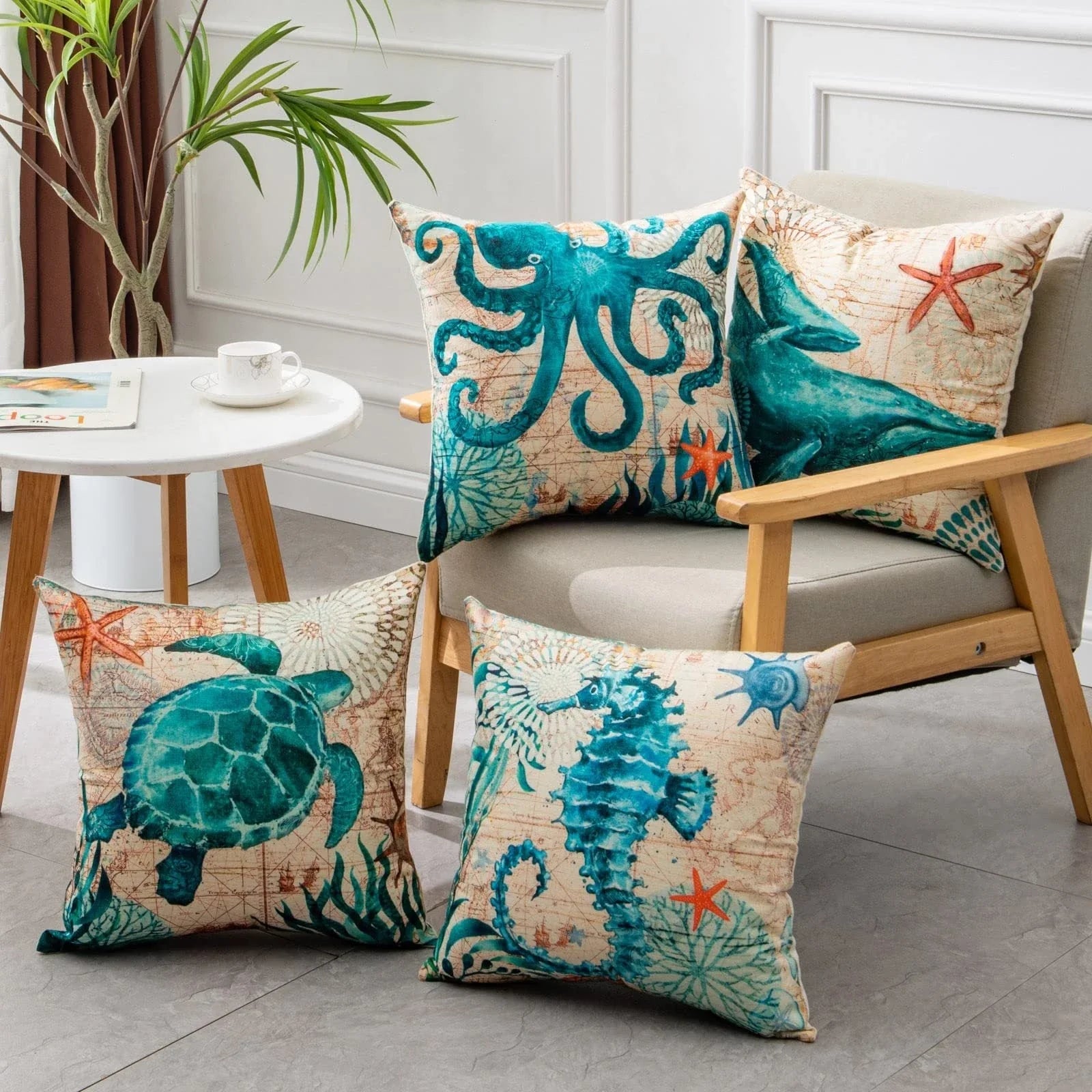 Decorative throw pillow covers featuring various marine-inspired designs like sea turtles, whales, octopus, and more on a linen background