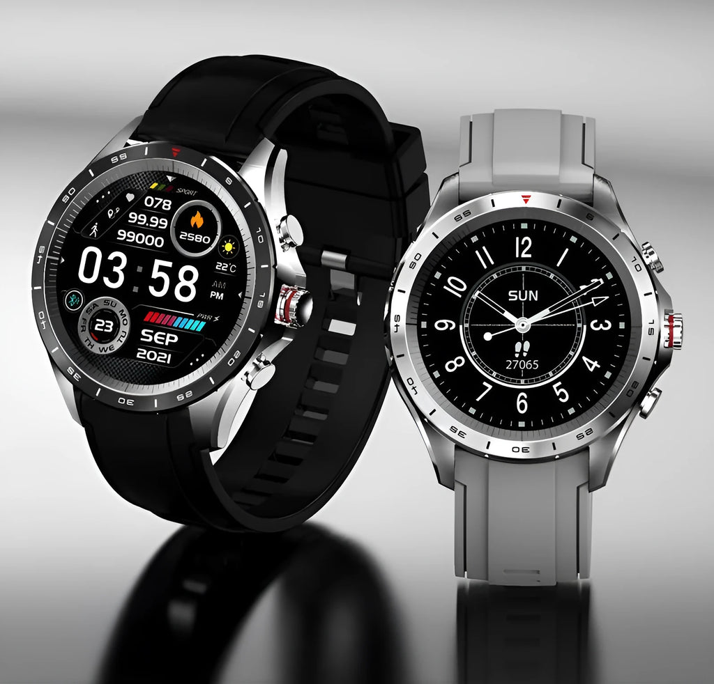 Men's black smart bracelet watch with silicone band and round touch screen display.