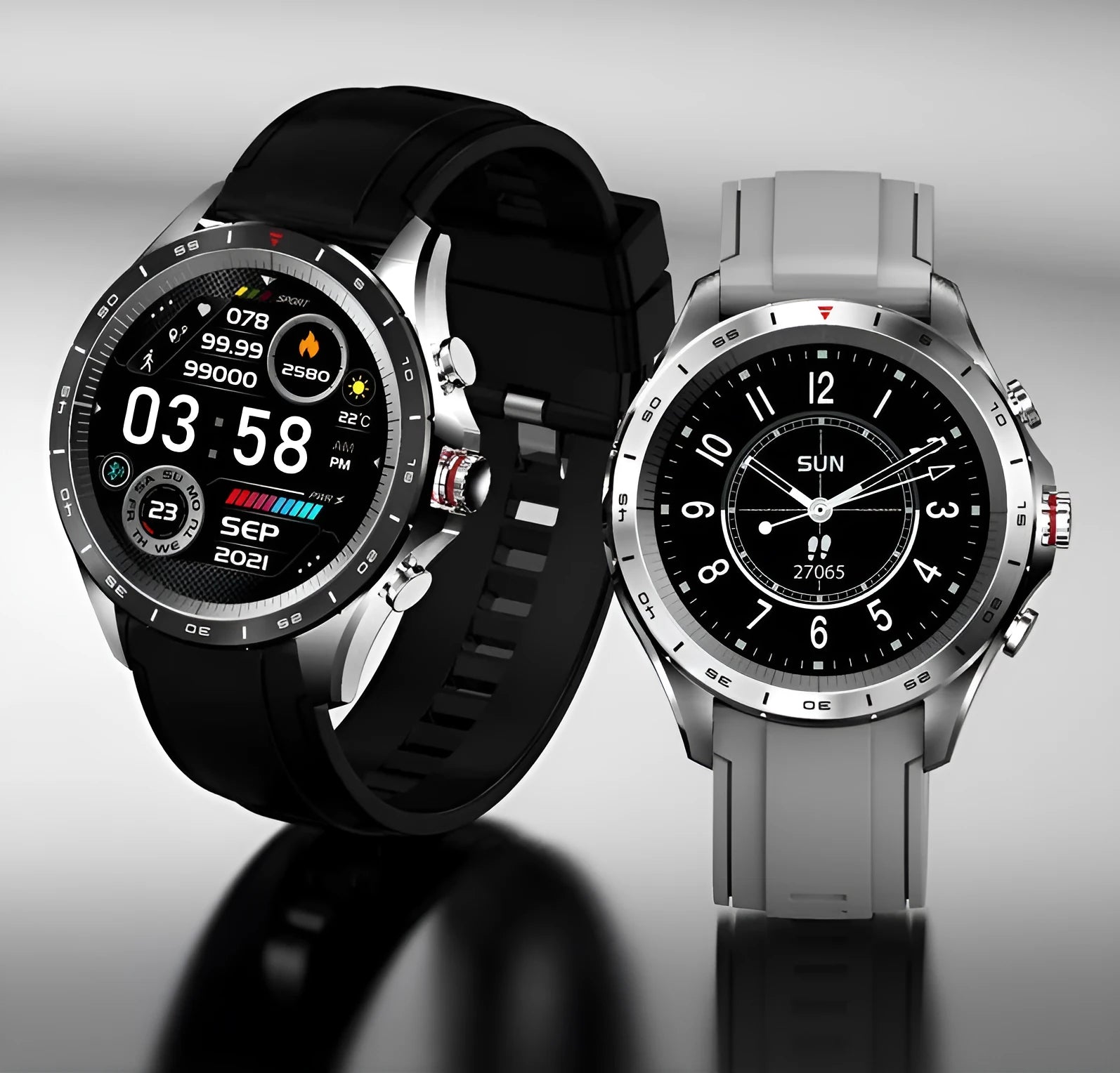 Men's black smart bracelet watch with silicone band and round touch screen display.