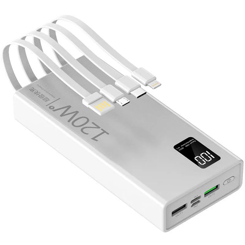 White super fast charge portable battery with digital display and multi-port front panel
