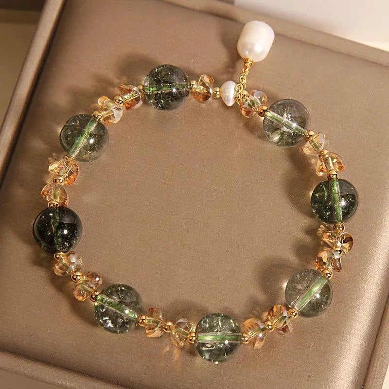 Green phantom quartz crystal bracelet with champagne gravel accents in Japanese Korean style