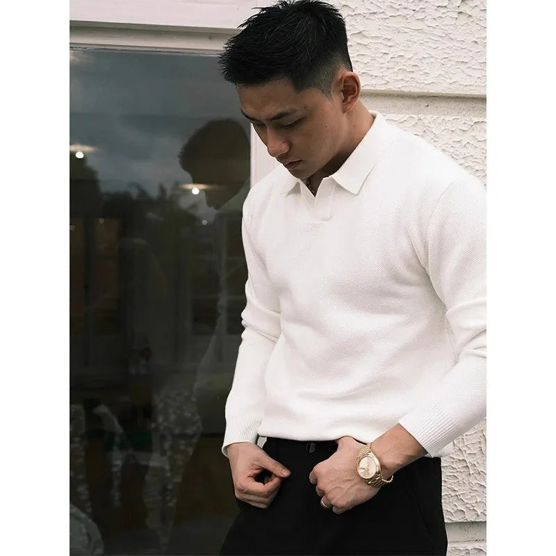 Men's loose knitted pullover in apricot colour, Japanese fresh style, long sleeves, relaxed fit