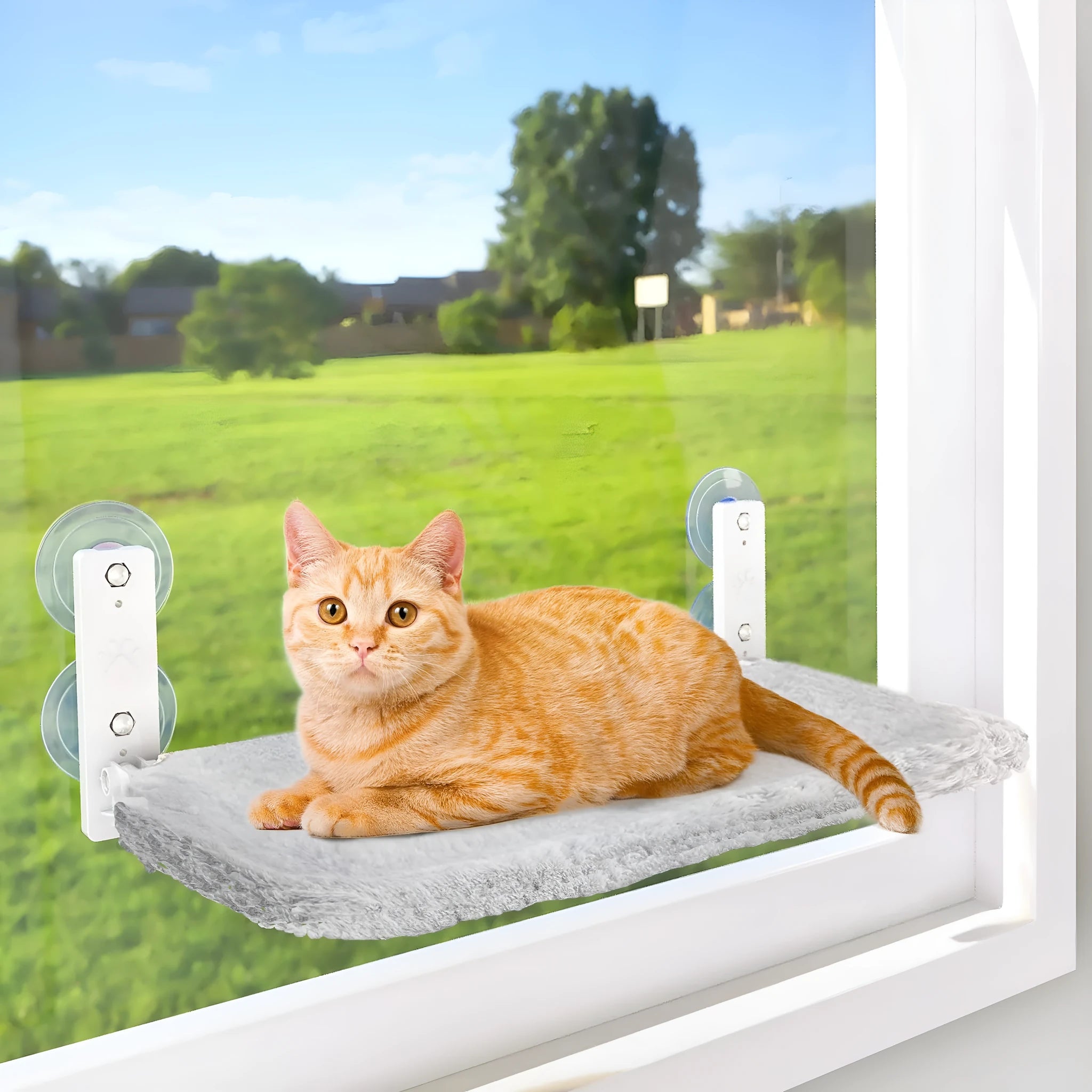 Folding cat hammock with stainless steel frame in large size, gray plush fabric, on a pet bed