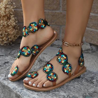 Women's ethnic style flowers flat sandals with fish mouth toe and floral design
