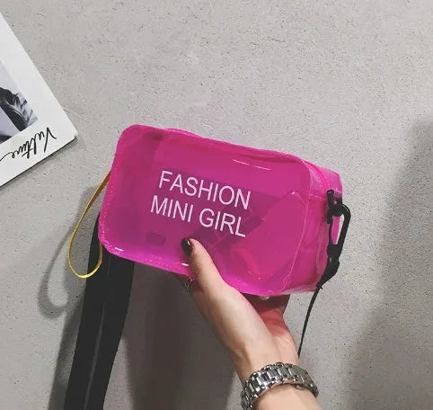 Transparent square jelly cross-body shoulder bag with adjustable strap in multiple colour options.
