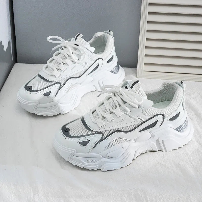 Women's thick-soled dad shoes casual sneakers low top flat heel solid colour white black beige mesh lining