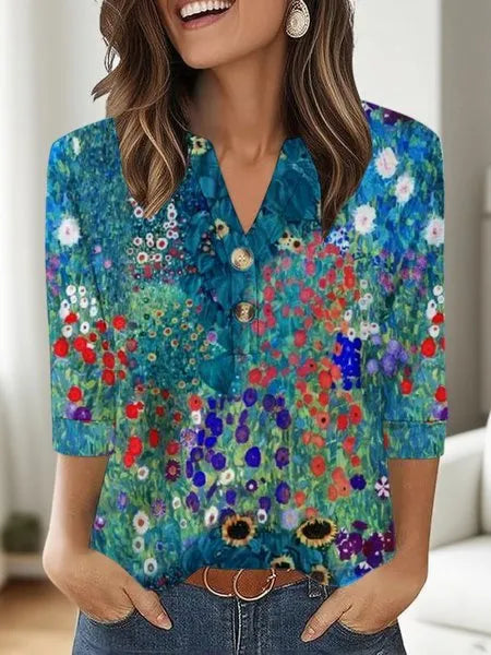 Women's loose fit V-neck casual top with a printed 3D pattern, shown in a colour from the available range.