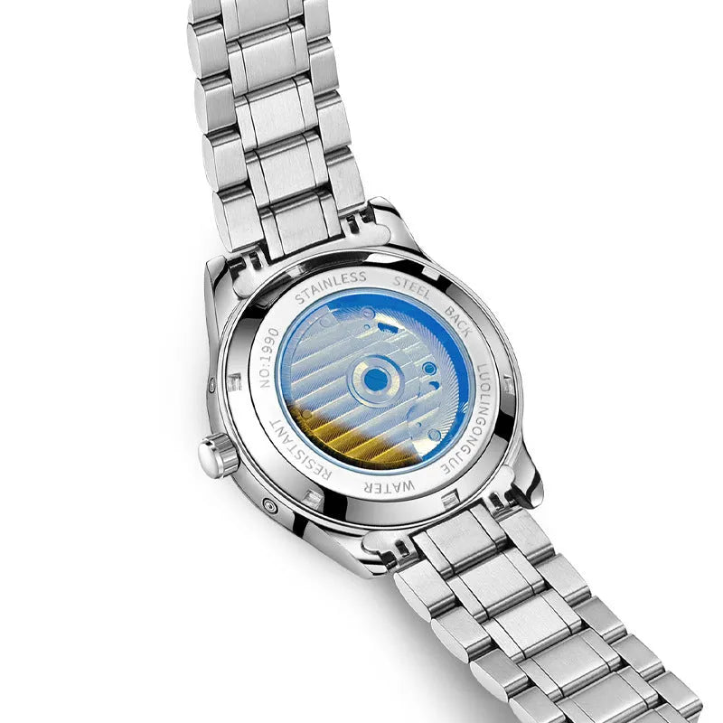 Men's stainless steel mechanical business watch with hollow skeleton design showing movement