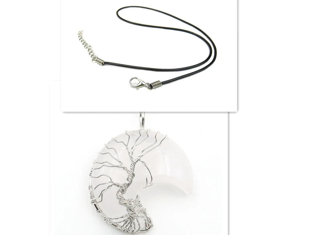 Handmade Moon Natural Crystal Stone Tree of Life Pendant Necklace in various colours