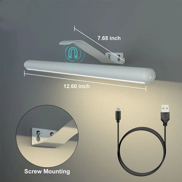 Rechargeable oval LED oil painting lamp in gold finish, 425mm long, with magnetic mount and remote control