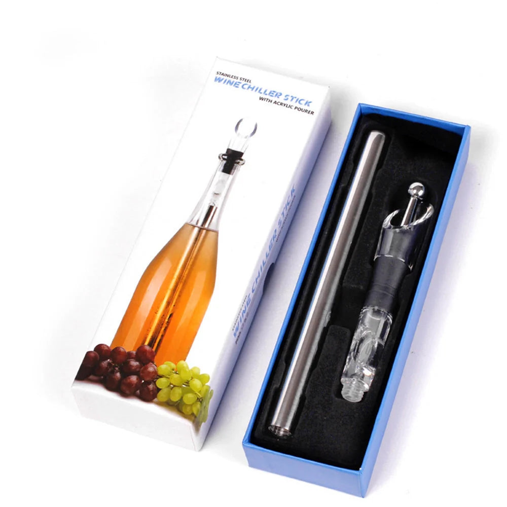 Stainless steel wine chilling rod with leakproof pourer