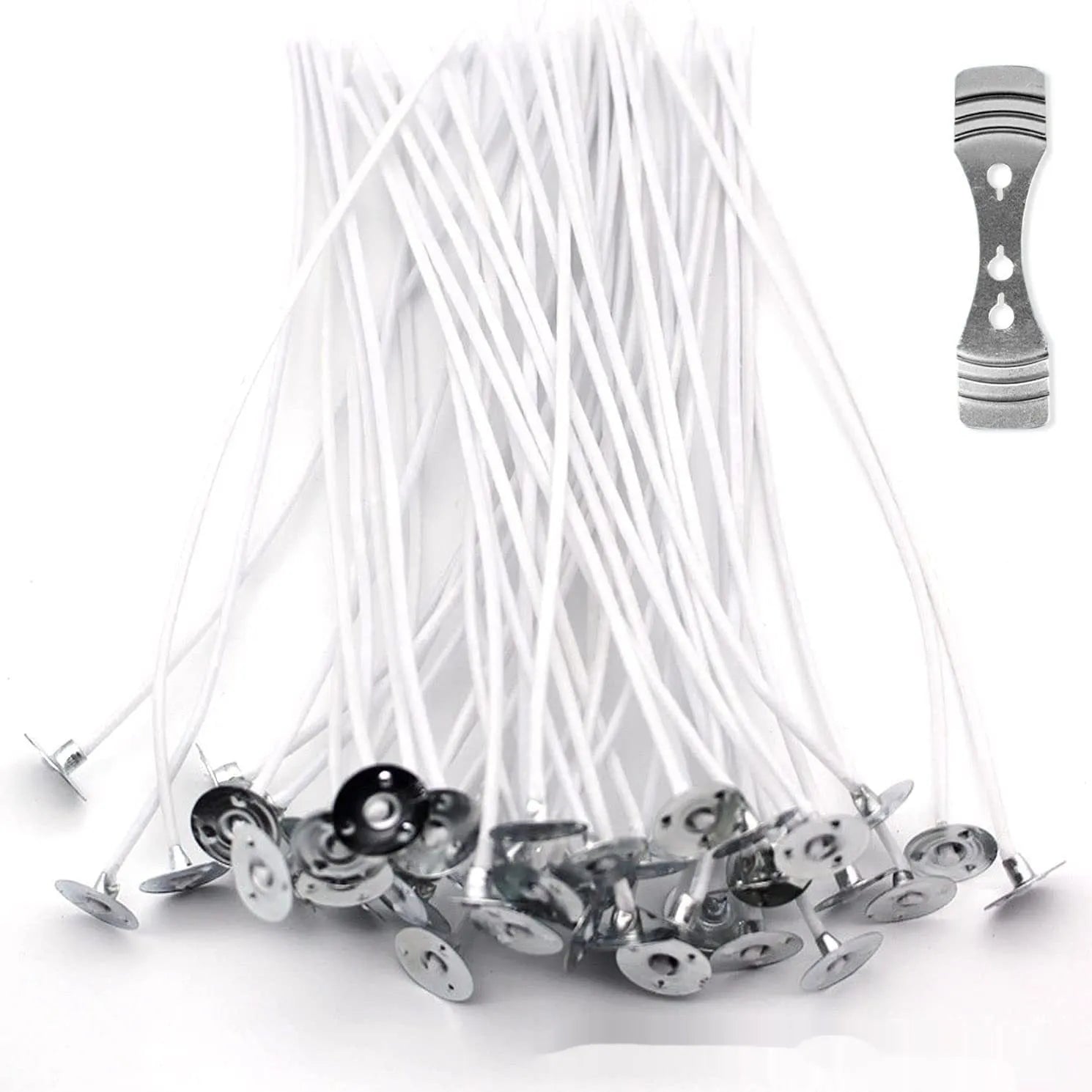 A bundle of white, tightly woven cotton candle wicks in varying lengths for DIY candle making.
