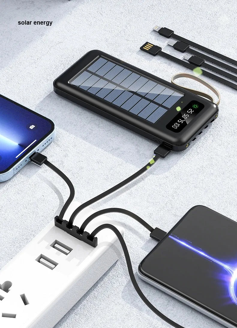 Cool black solar power bank showing its solar panel and output ports on a compact rectangular body.