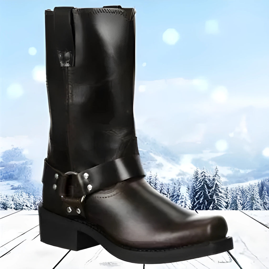 Men's high top cowboy boots with belt buckle ring accents in Western style