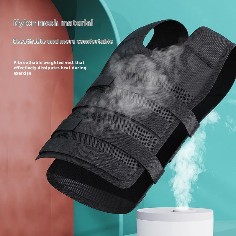 Black leather adjustable weight vest with cast iron plates for running and strength training