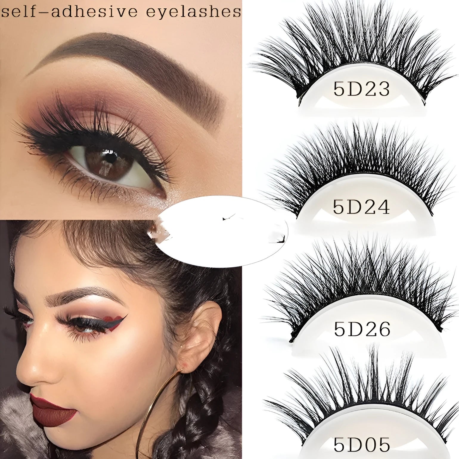 Five glue-free self-adhesive false eyelashes in natural long style with chemical fibre, shown on a tray