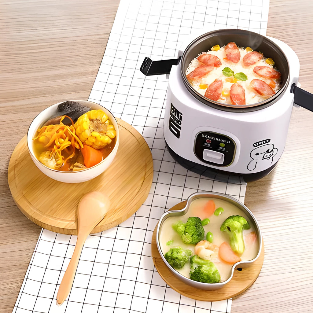Miniature automatic rice cooker with 2L capacity and mechanical controls in round white design