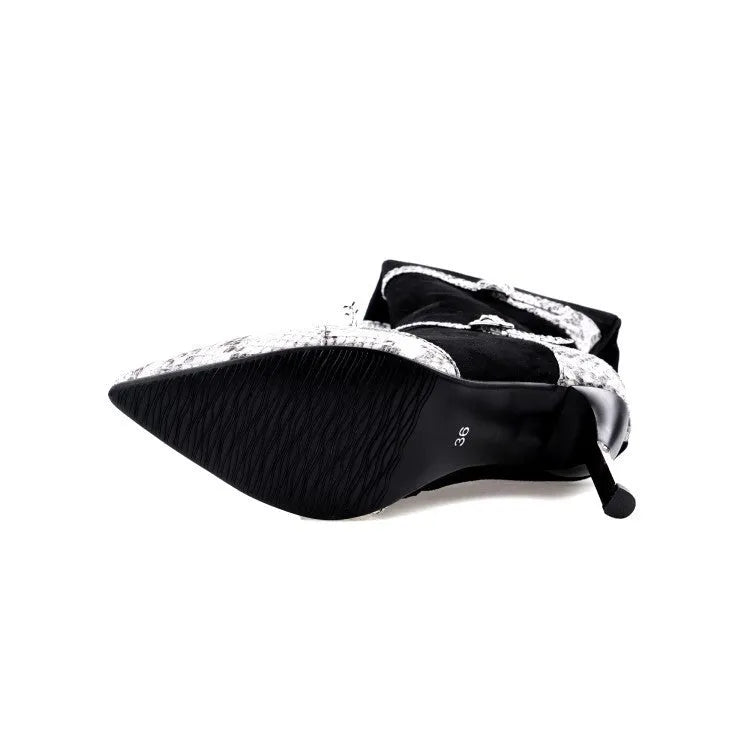 Women's grey knee-high boots with a thin high heel on a white background.