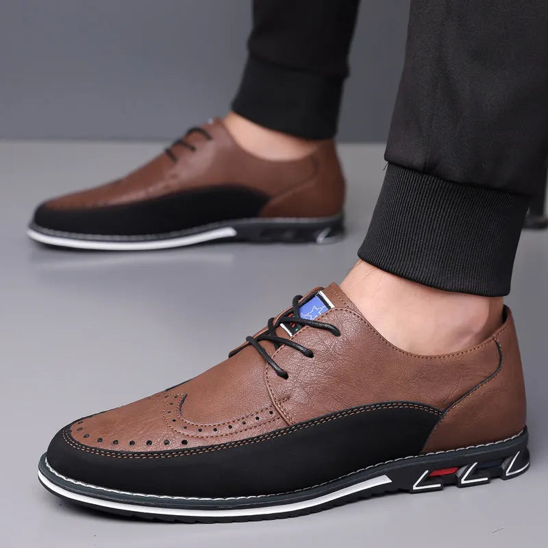 Men's casual leather shoes with stitching detail, leather toe cap, and rubber sole in multiple colour options