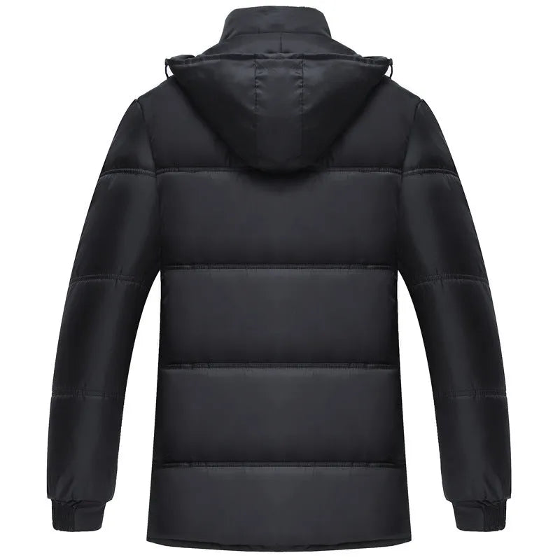 Winter cotton coat jacket for men in gray with detachable hat, loose fit, round hem, polyester fabric