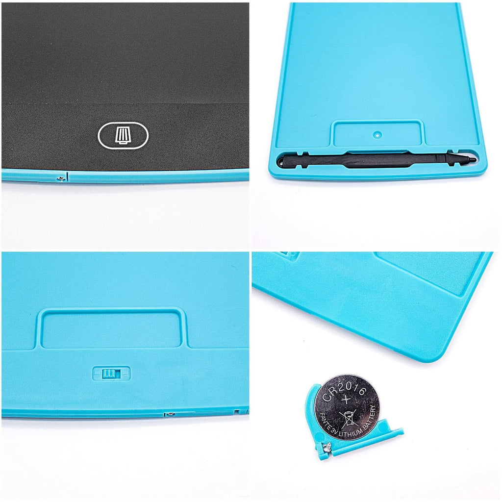 6.5 inch LCD writing tablet in blue with stylus, slim design on white background