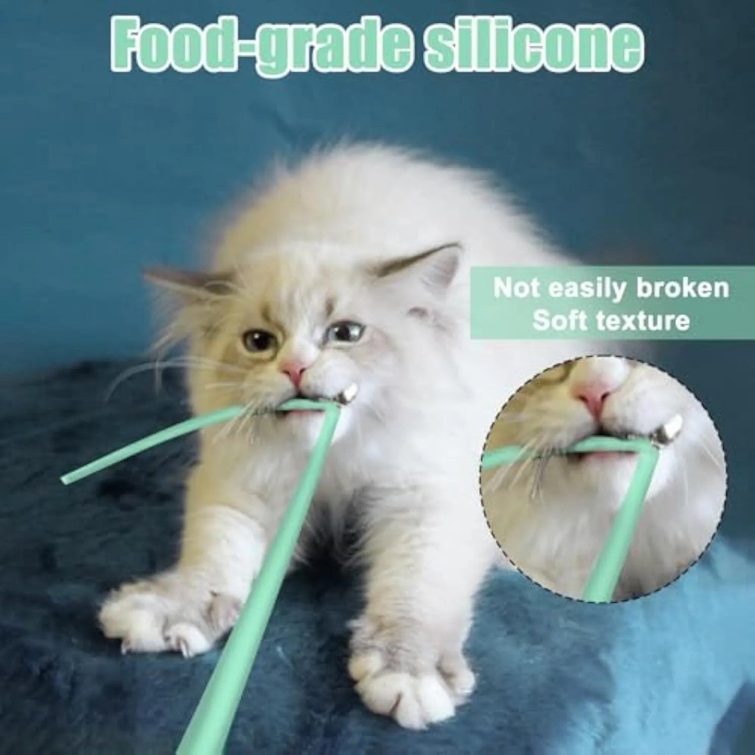 Green automatic cat wand toy with rotating silicone tails on a 38cm long wand for indoor cats