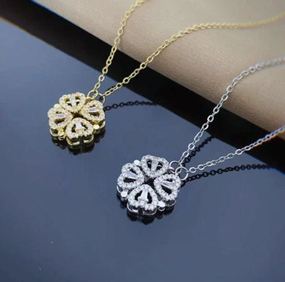 Retro magnetic folding heart-shaped four-leaf clover pendant necklace in various colors and designs