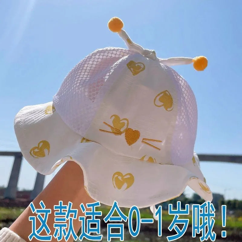 Children's sun hat with large brim in ice linen fabric, flower design, dome crown style for sun protection