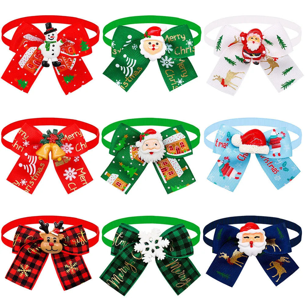 A red and green polyester pet bow tie with a British style, for Christmas decoration.