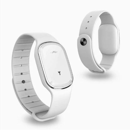 Ultrasonic mosquito repellent wristband in various colours, showcasing waterproof design and optional clock feature.