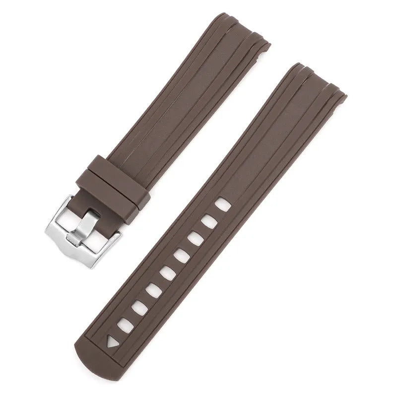 20mm width watch strap with silver buckle shown in multiple colour options including army green, sapphire blue, and dark red.