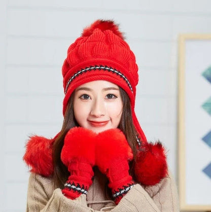 Knit fleece beanie with ear flaps and pompom in various colours for winter warmth