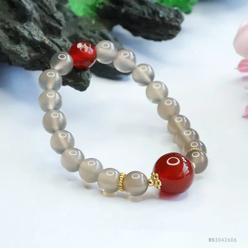 Natural smoky purple chalcedony and red agate bracelet with 8mm geometric beads.