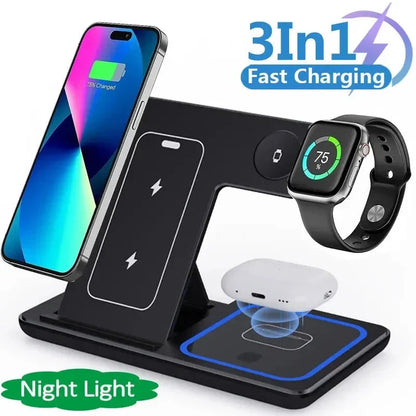 3-in-1 Fast Wireless Charging Station with LED Light for Smartphones, Smartwatches, and Wireless Earbuds