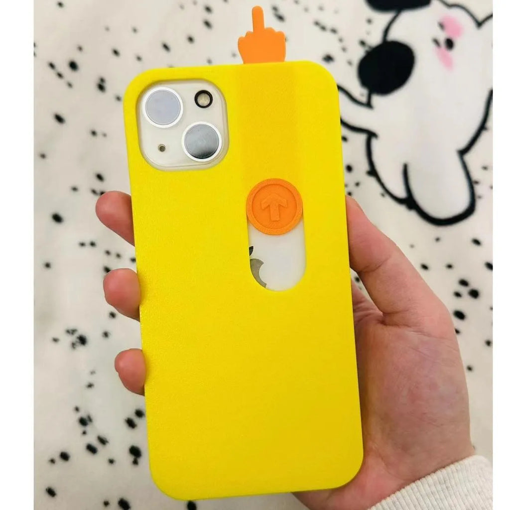 3D printed sliding middle finger phone case in bright yellow for iPhone 15 Pro Max with fall protection