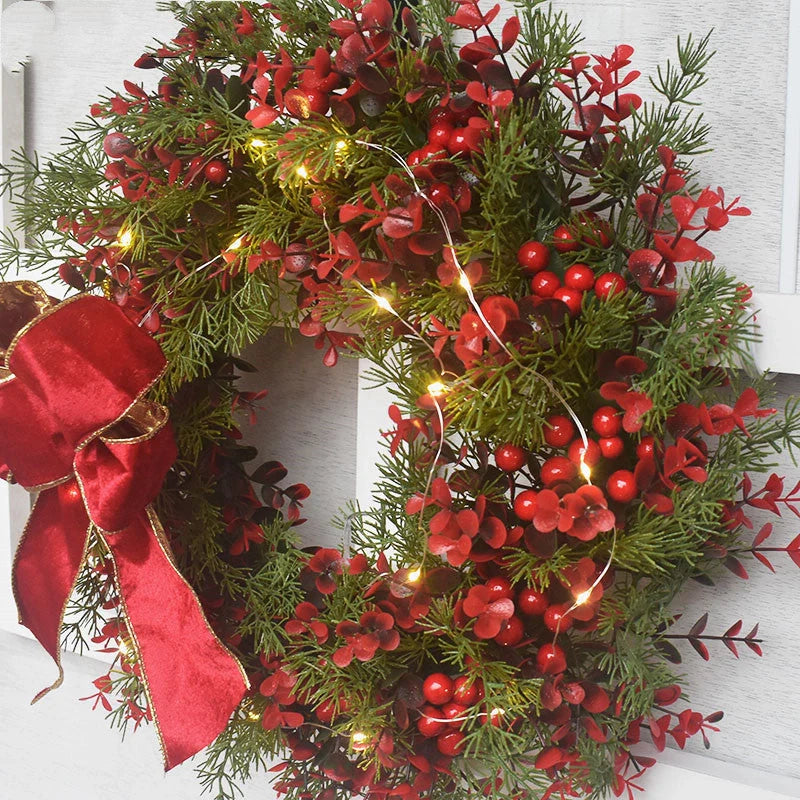 Artificial cherry pattern Christmas wreath with LED lights, 45cm in diameter